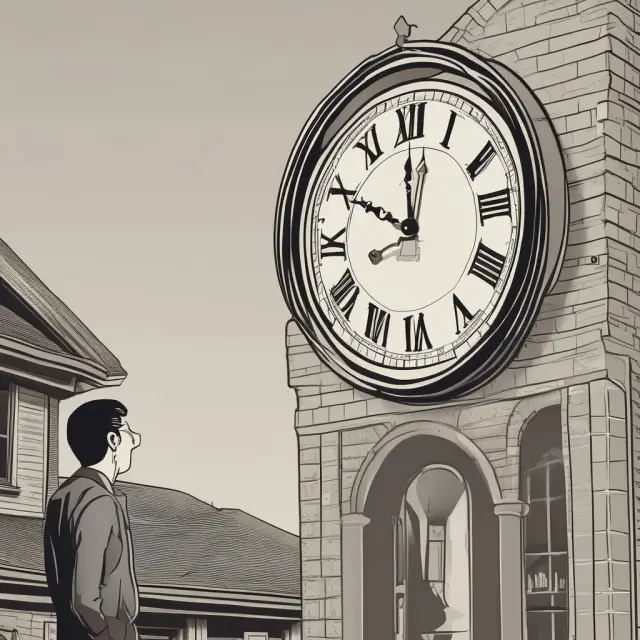 Homeowner in front of a giant ticking foreclosure clock, consulting with a mortgage advisor for potential solutions