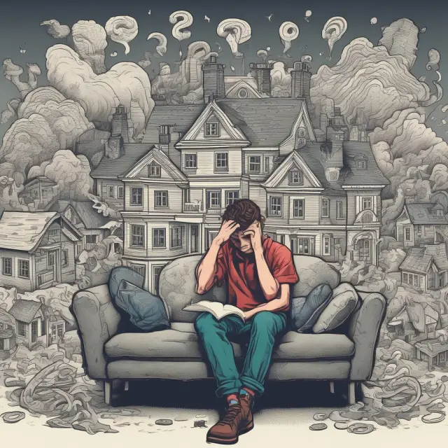 Mortgagor contemplating questions about mortgage loans amidst various houses symbolizing real estate collateral