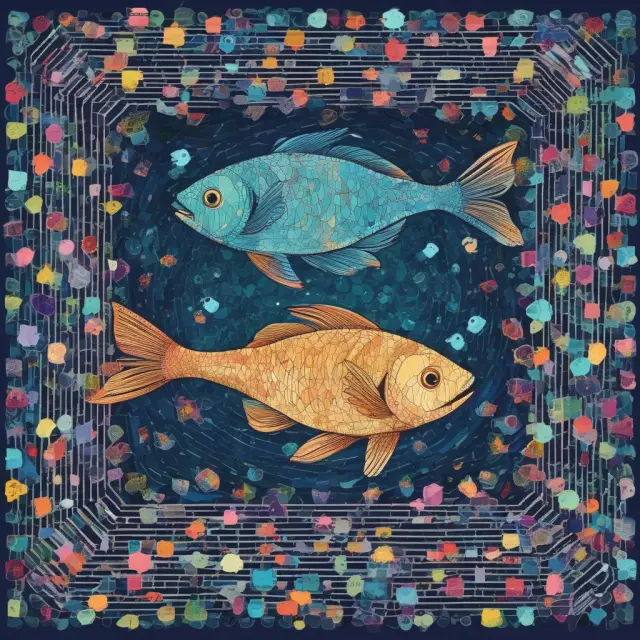 Two interconnected fish representing Mosaic Theory and Scuttlebutt Method swimming through a data-filled sea, highlighting their importance in financial analysis.