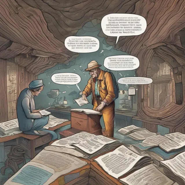 An explorer diving into a vast knowledge pool, retrieving valuable non-material insights from 10-K reports, LinkedIn, Glassdoor, Google Trends, and the Pew Research Center