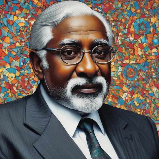 Rajaratnam examining a large, colorful mosaic of diverse financial data sources to represent the benefits and importance of mosaic theory in institutional investing