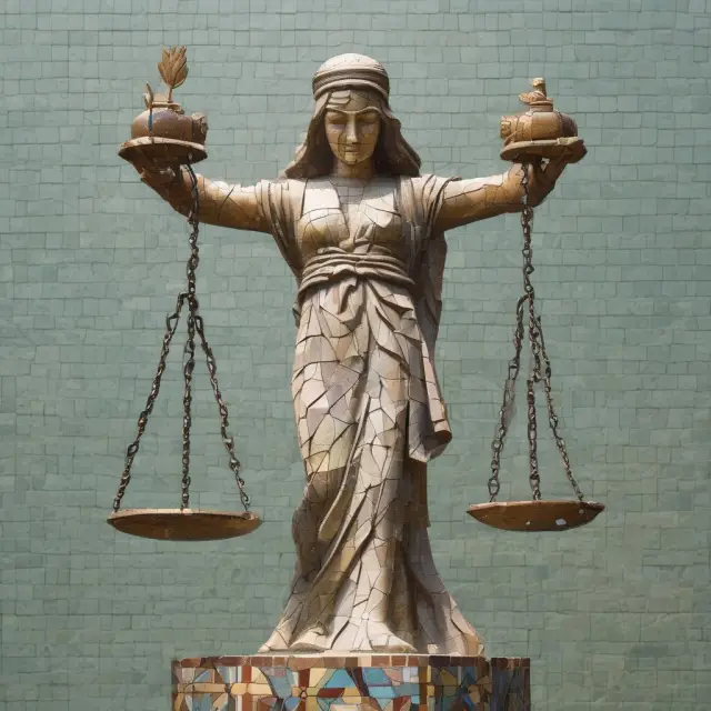 Blindfolded justice figure on a mosaic tower: Ethics in Mosaic Theory