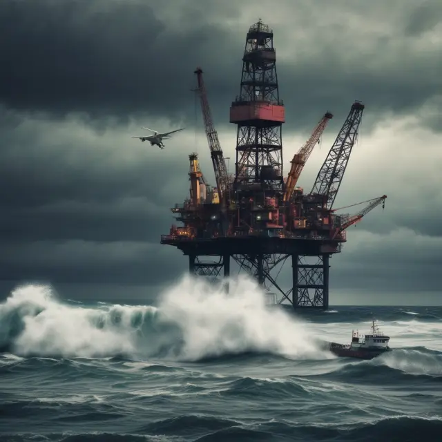Oil rig and airplane resting in a seascape, representing mothballing practices in oil drilling and aircraft industries.