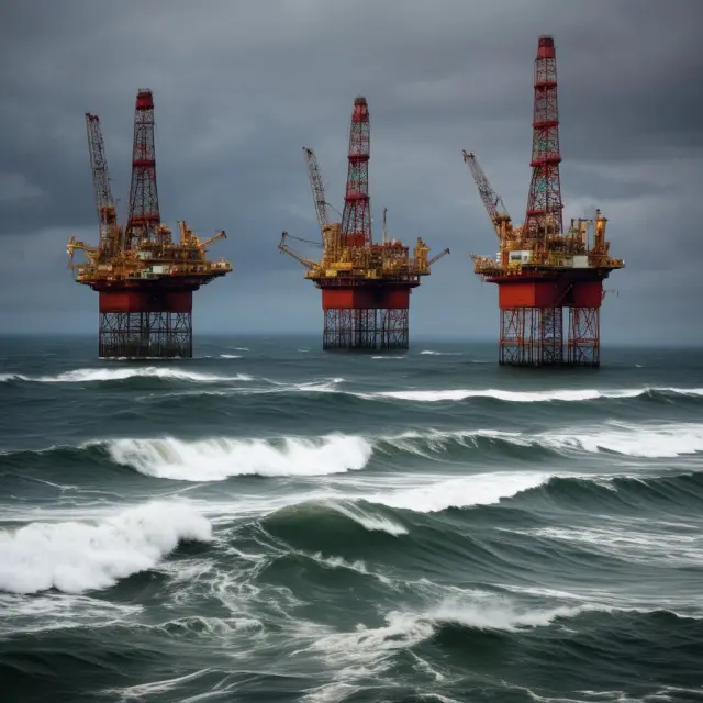 A serene sea with mothballed oil rigs resting, representing the strategic choice between preservation and disposal.