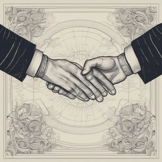 Two hands shaking, each holding an elegant MOU scroll. Collaborating parties exchange commitments towards a potential future contract.