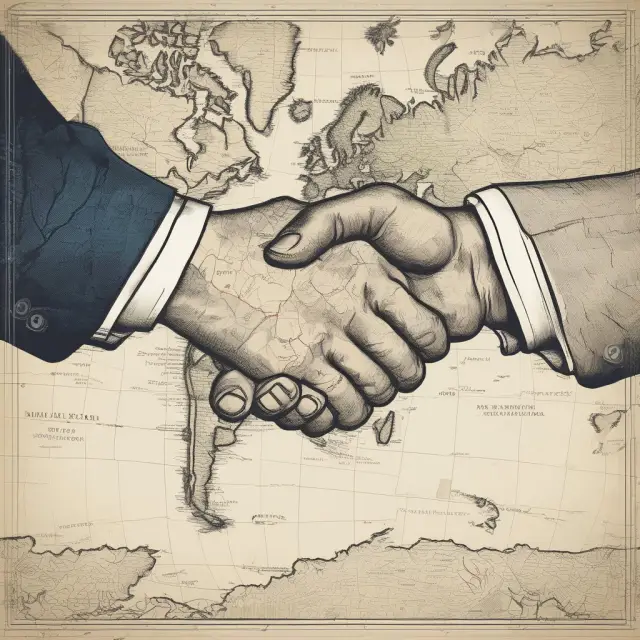 Hands shaking over a world map, symbolizing MOUs in international trade negotiations
