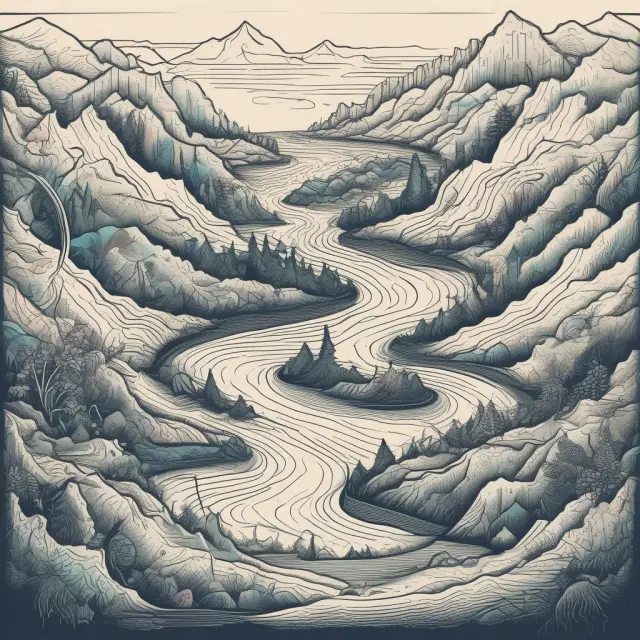 An evolving river representing an exponential moving average (EMA) in finance. The river