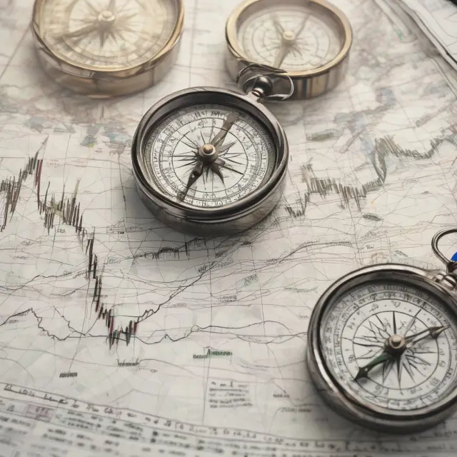 An investor sailing through a sea of stock charts, using moving averages as compasses to determine trends and make informed decisions