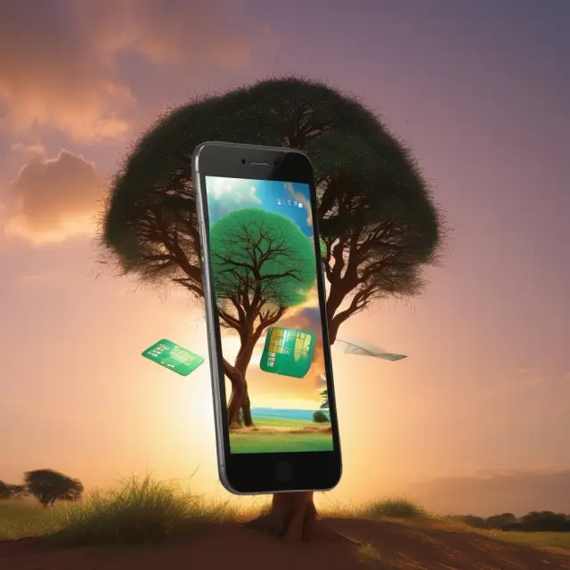 Mobile phone with an African sunrise backdrop, symbolizing M-Pesa registration and its transformative effect on financial inclusion