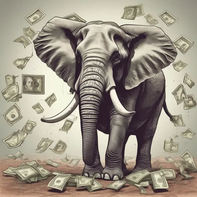 A mobile phone (symbolizing M-Pesa) charges towards a large elephant laden with cash, representing the transformation of conventional payment methods.