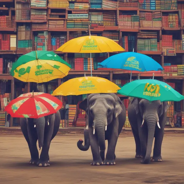 Five elephants, symbolizing mobile money services Paga, MTN Mobile Money, Airtel Money, and Orange Money. Each carries a uniquely branded umbrella representing their services.
