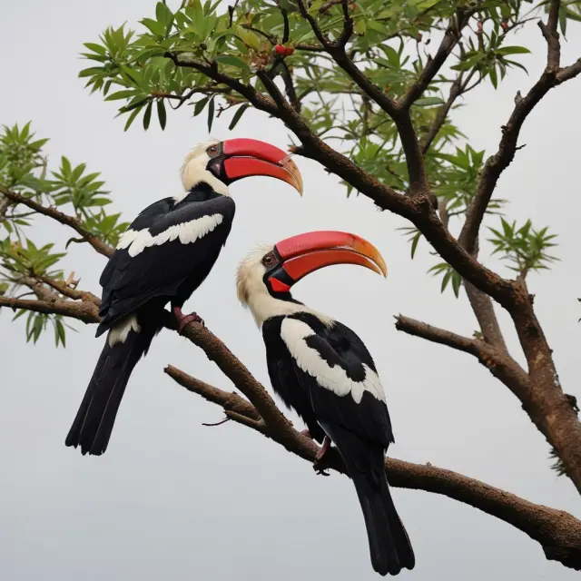 Mobile hornbill sharing seeds between branches, representing M-Pesa