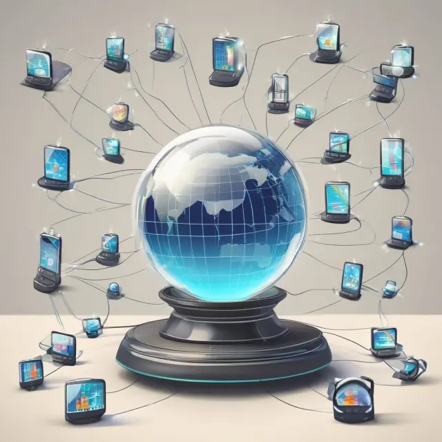 Crystal ball displaying interconnected mobile phones and a future growth chart, representing the promising future of M-Pesa
