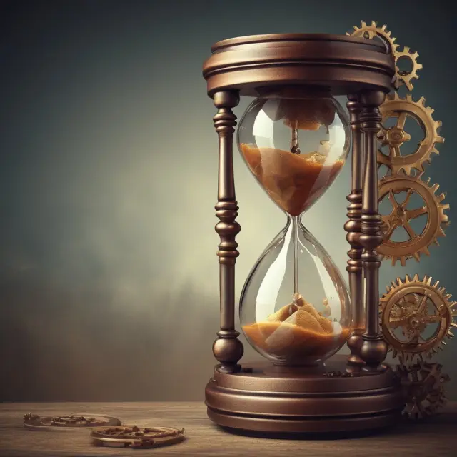 Visualizing the history of Material Requirements Planning: A hourglass filled with gears and cogs flowing into a Bill of Materials.
