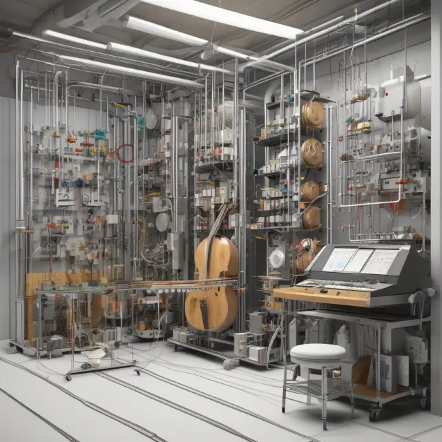 A conductor, symbolizing MRP, masterfully guiding the flow of raw materials and components in a manufacturing process, ensuring production schedules and inventory levels are met