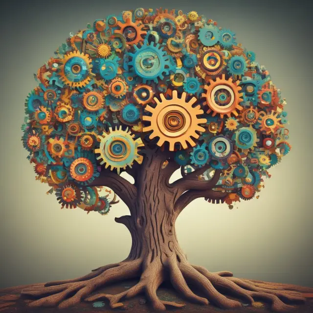 Image: A tree with intricately connected cogs, illustrating the interdependence and integration involved in MRP system implementation