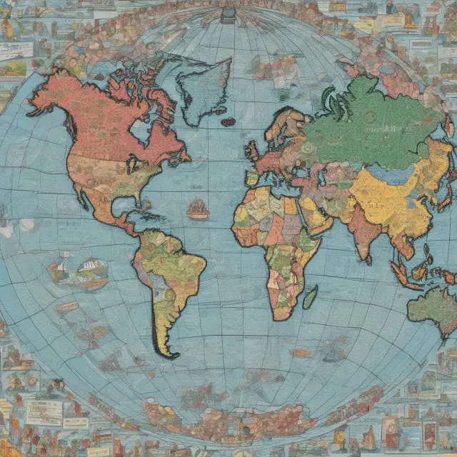 A globe with continents depicted as interconnected mosaics of various companies, each representing one of the MSCI ACWI