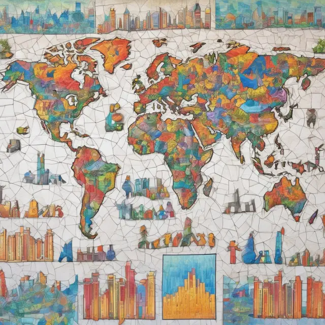 An intricate mosaic of global equity market puzzle pieces: some representing stocks within MSCI ACWI index and others forming the iShares MSCI ACWI ETF for diversified investment access.