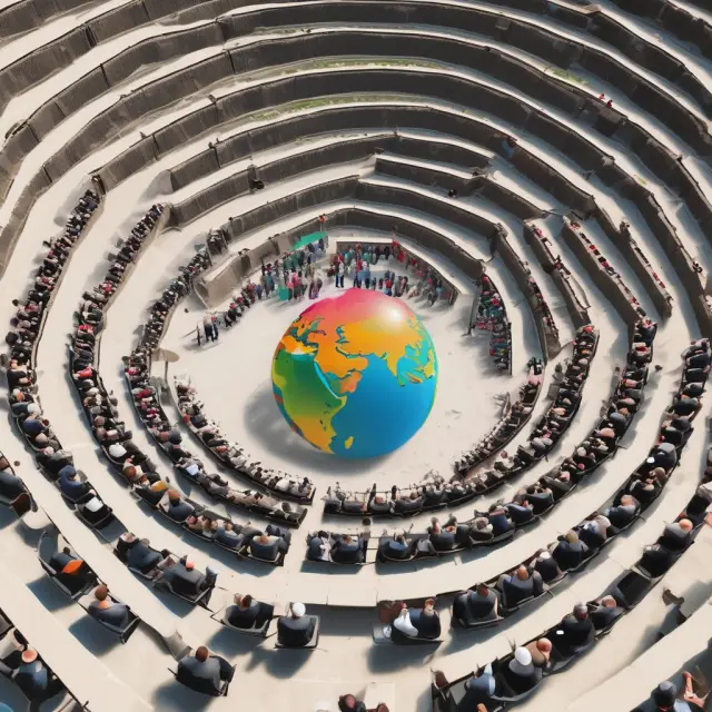 Artwork of investors gathered in an amphitheater, each holding a unique, colorful globe symbolizing a different MSCI Index family