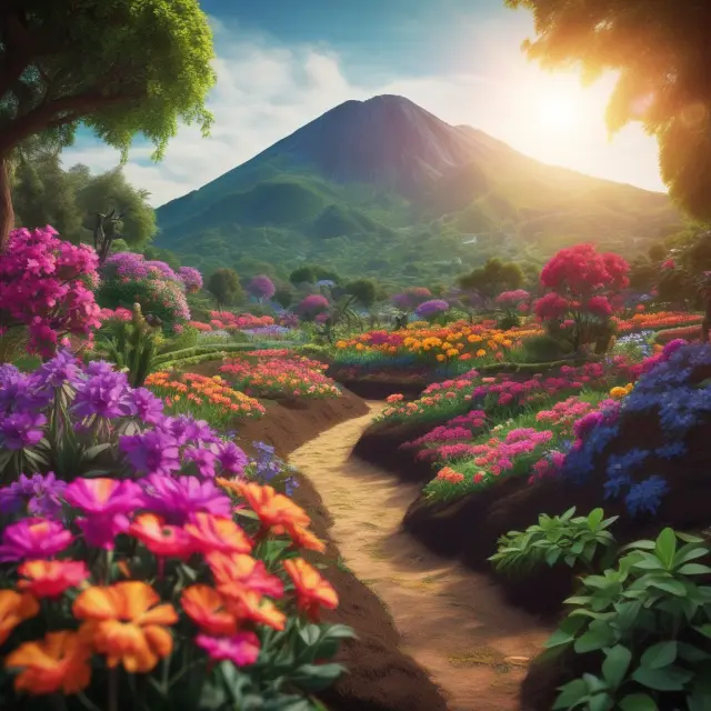 A thriving garden symbolizing the MSCI Emerging Markets Index, featuring diverse flowers representing countries and volcanic soil symbolizing risks.