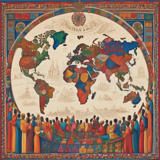 An intricate global tapestry merges threads representing economies of both developed and emerging markets, symbolizing the MSCI All Country World Index