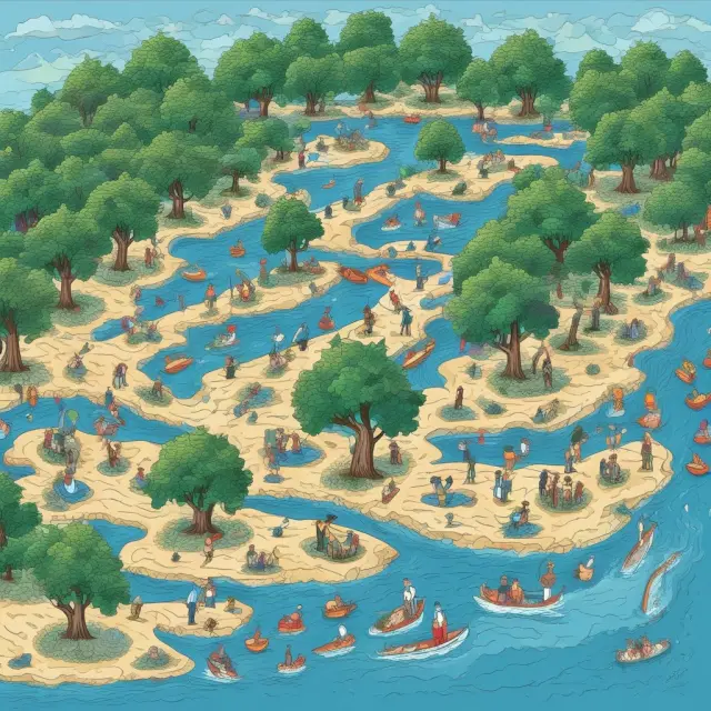 MSCI analysts adjusting puzzle pieces to represent shifting stock weights in a flowing river, reflecting quarterly index reviews.