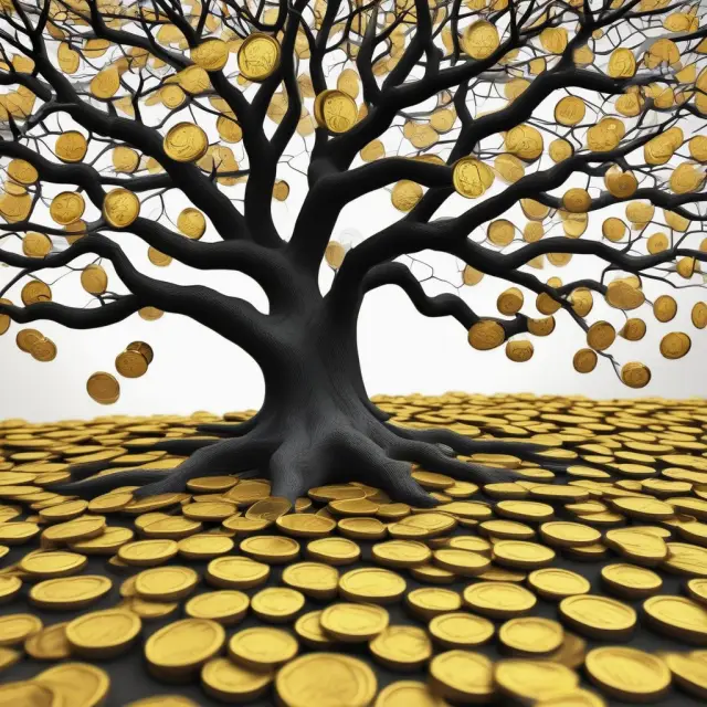 A thriving forest of interconnected trees exchanging golden coins, representing the network building and financial benefits of multilevel marketing