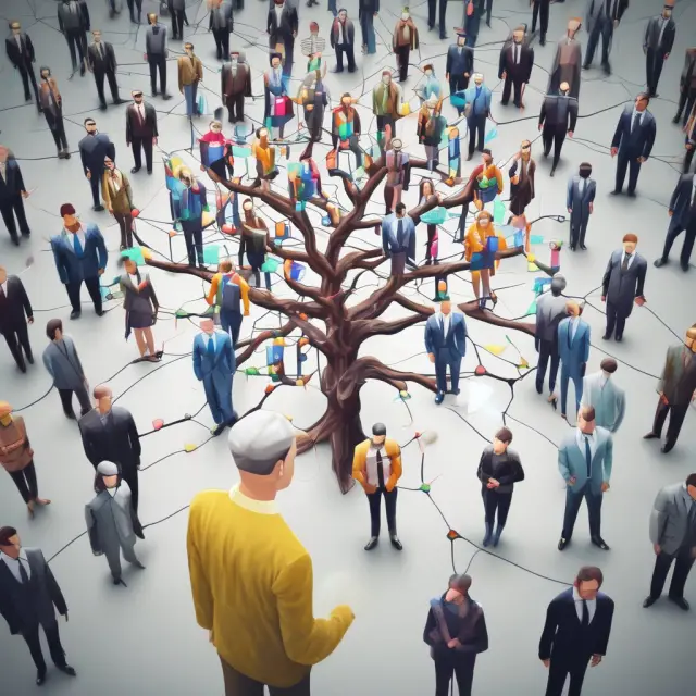 Interconnected individuals building an MLM network on social media platforms (Facebook, LinkedIn, Instagram)