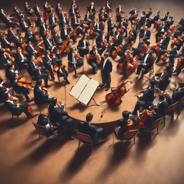 Orchestra playing instruments representing various asset classes in balance for effective diversification and risk management, aiming for enhanced returns.