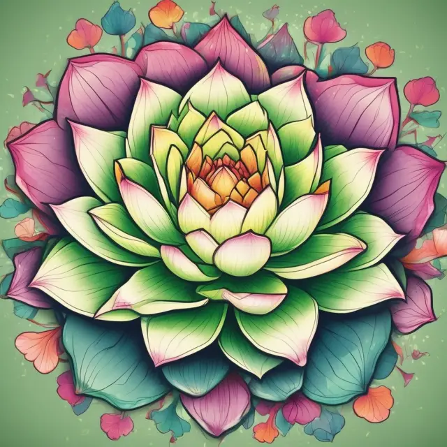 A lotus flower with five vibrantly colored petals symbolizing equities (green), bonds (blue), real estate (brown), cash (silver), and alternative investments (rainbow).