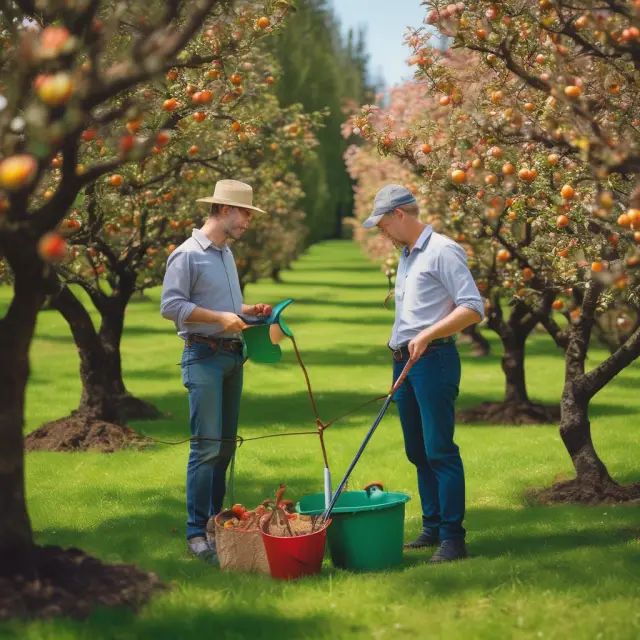 A gardener skillfully tends to an orchard of various asset classes: balanced fund (stocks & bonds) vs multi-asset class fund (equities, fixed income, real estate, commodities, and alternatives).