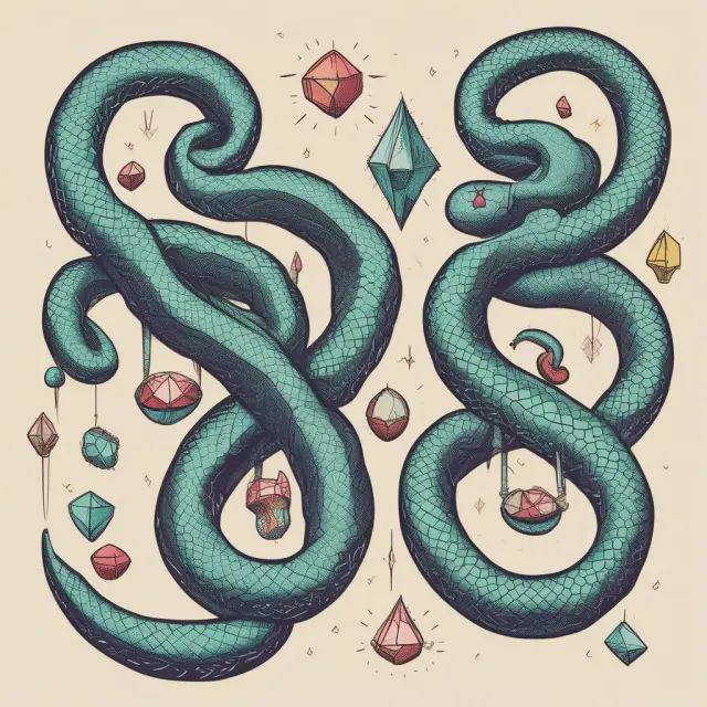 Two entwined serpents symbolize dependent variables with precious gemstones on their scales representing independent variables, illustrating multicollinearity in regression analysis.