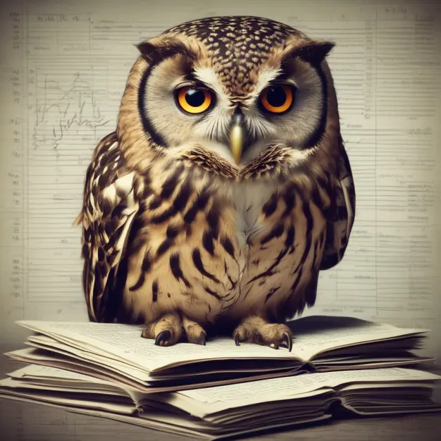An owl examining financial reports, market capitalization, earnings, and debt levels to understand asset price dynamics