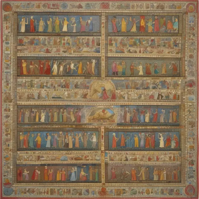 An intricate mosaic illustrating the establishment and evolution of the Multilateral Investment Guarantee Agency (MIGA) throughout its history
