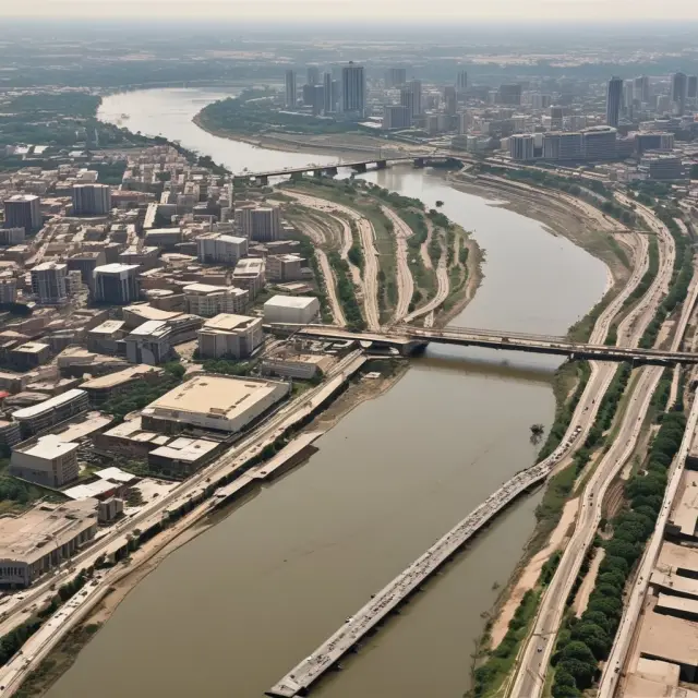 Two intertwining rivers symbolizing MDBs and commercial banks coming together, illustrating collaboration and diverse funding approaches for sustainable development.