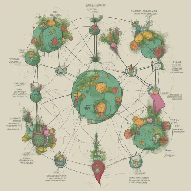 A vibrant garden with flowers representing decentralized, centralized, international division, and transnational corporations growing interdependently.