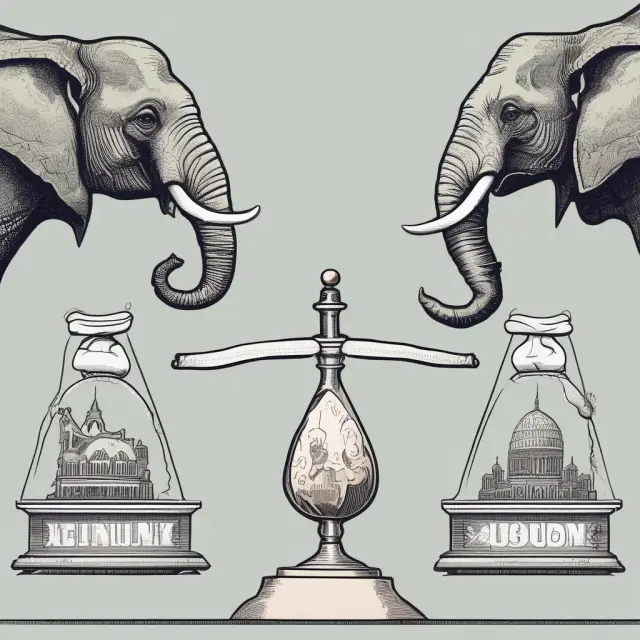 An image of a balance scale where one pan represents economic benefits and the other ethical concerns, with two multinational corporation elephants poised to maintain balance