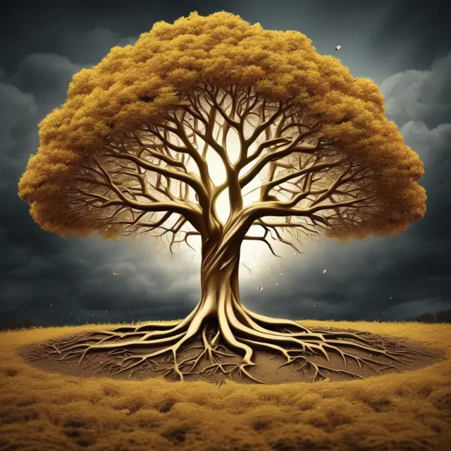 Golden tree representing multinational corporations, with roots symbolizing controversies and branches offering opportunities