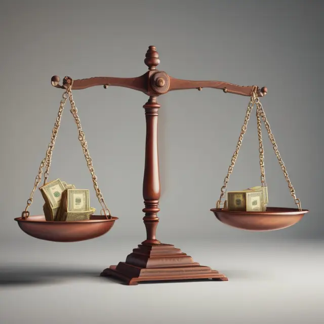 An ancient scale with gold coins representing market value on one side and silver coins symbolizing earnings on the other side, adjusting to maintain balance as an investor observes