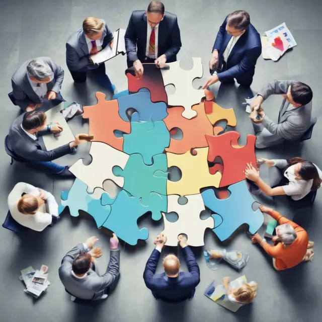 Financial analysts working with multiples approach, comparing puzzle piece charts for three tech firms and uncovering industry averages