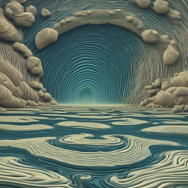 An economic river with pebbles creating ripples, each one symbolizing a multiplied investment effect, spreading prosperity throughout the economy