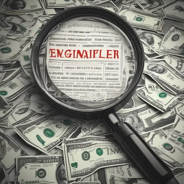An earnings multiplier represented by a magnifying glass amplifying the potential worth of a company