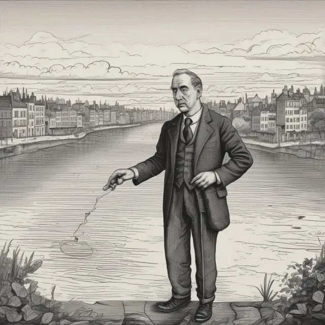 A magnifying glass held by Keynes, amplifying the view of economic ripples and multipliers in a flowing river