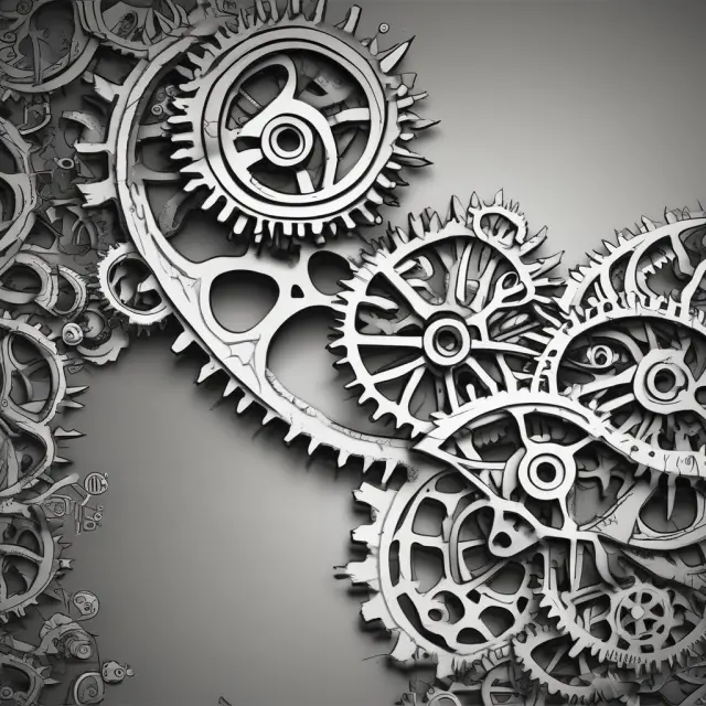 A cascading series of gears symbolizing the Keynesian multiplier effect, with each spin amplifying the initial input