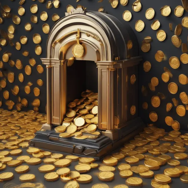 A golden coin falling from a bank vault starts a cascade of loans and deposits, multiplying its impact on the economy