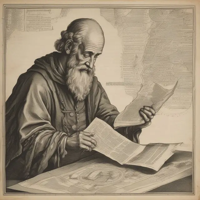 A scholarly figure examines old maps and parchments while researching the rules of investing in municipal bonds
