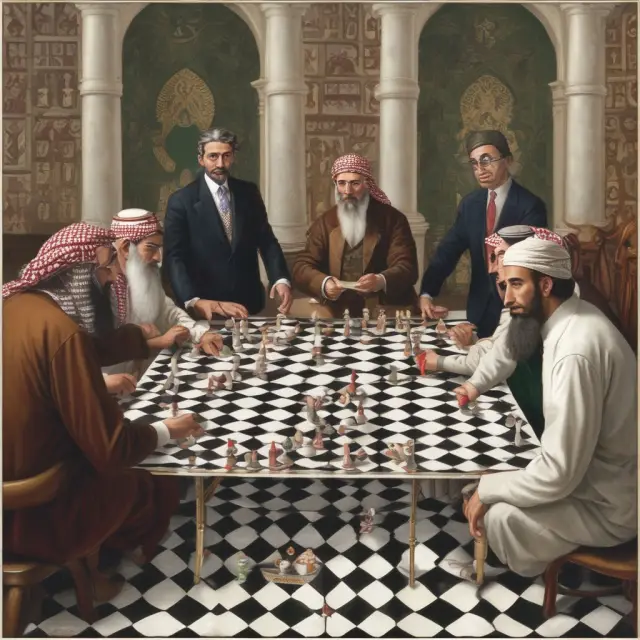 Institutional investors collaborating in musharakah, shown as partners sharing profits and risks on a checkered board. Regulatory bodies oversee the arrangement from the sidelines.