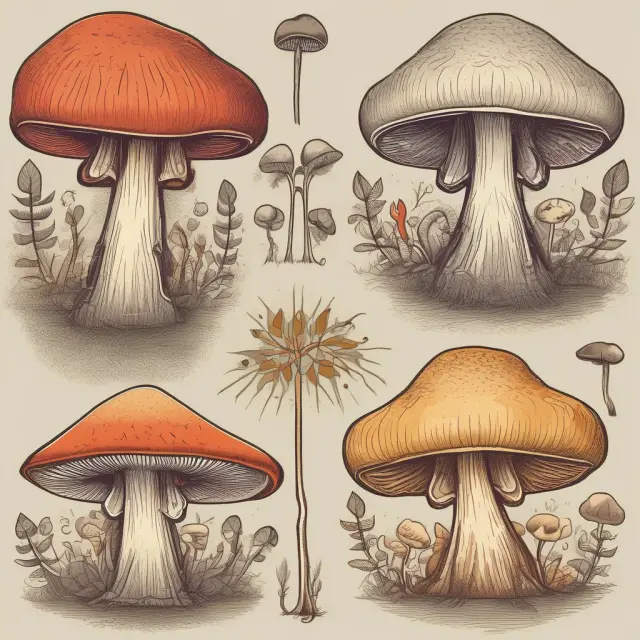 Four mushrooms representing different partnership structures: shirkah al-‘inan, shirkah al-mufawadah, permanent musharakah, and diminishing musharakah