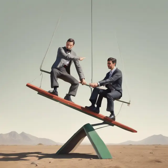 Partners on a seesaw, symbolizing the balance of risks in musharakah investments: one partner holding liquidity while another controls profitability. Balancing uneven distribution and lack of control.