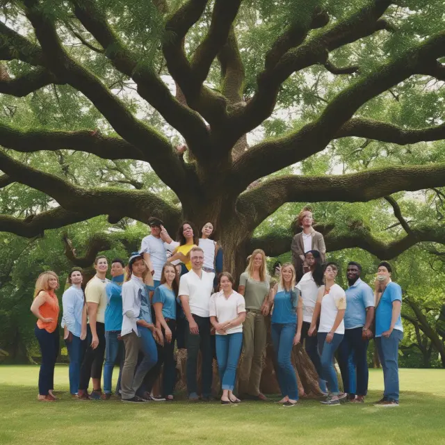 A group of people gathering under an ancient tree, representing the unity and alignment of interests within a mutual insurance company